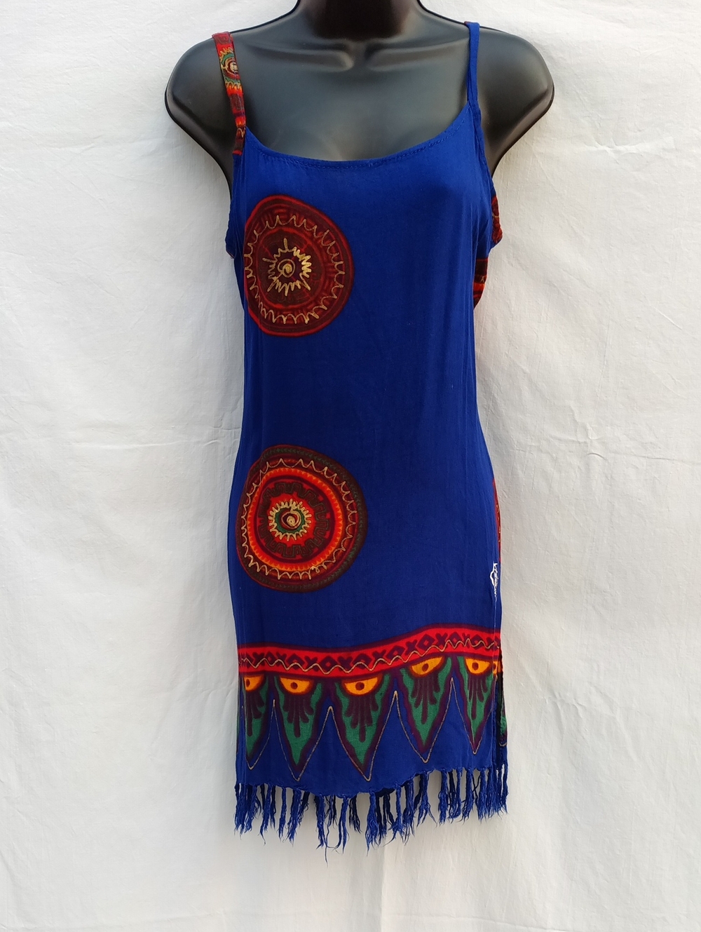 Blue Boho Fringe Slip Dress with Red Embroidered Motifs
